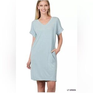 ZENANA 1X Women's V Neck Rolled Short Sleeve Soft Rayon MIDI NWOT Lt Green